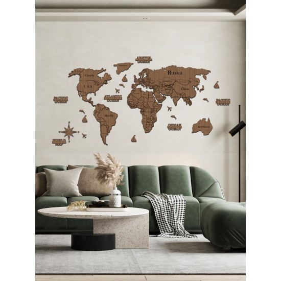 2 Boyutlu Ahşap Dünya Haritası Duvar Dekoru WORLD MAP