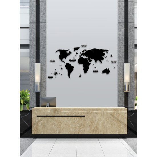 2D Siyah Dünya Haritası Duvar Dekorasyonu
