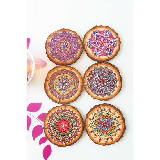 Bardak Altlığı 6'lı Mandala Baskılı   Set Şık Bir Sunumluk