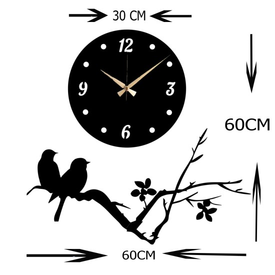 Özel Tasarım Kuş Temalı Duvar Saati En Çok Beğenilen Ürünlerden SİYAH