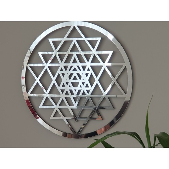 Sri Yantra Kutsal Geometrik Gümüş Pleksi Tablo Duvar Süsü