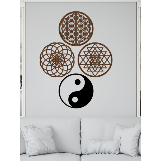 Yaşam Çiçeği,Sriyantra,Torus ve Ying Yang 4'lü Set Kutsal Geometrik Şekiller 39X39CM