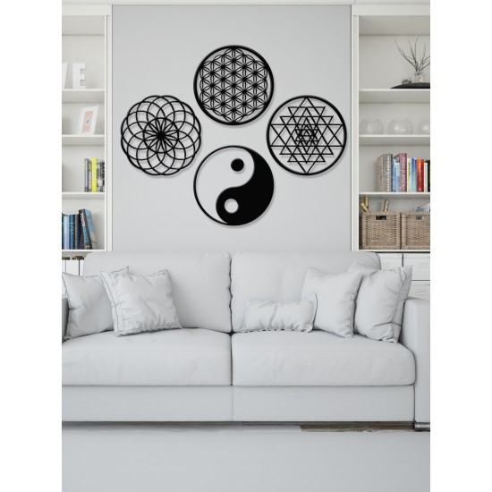 Yaşam Çiçeği,Sriyantra,Torus ve Ying Yang 4'lü Set Kutsal Geometrik Şekiller 49X49CM